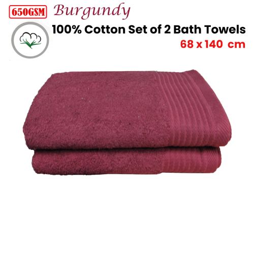650GSM Pack of 2 Burgundy Cotton Bath Towels 68 x 140 cm