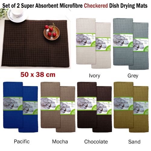 Set of 2 Super Absorbent Microfibre Checkered Dish Drying Mats 50 x 38 cm