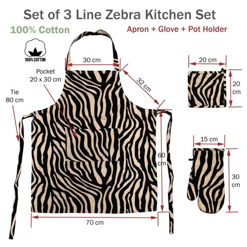 Set of 3 Cotton Linen Zebra Kitchen Set