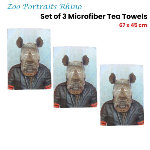 Set of 3 Zoo Portraits Microfiber Tea Towels Rhino 67 x 45 cm