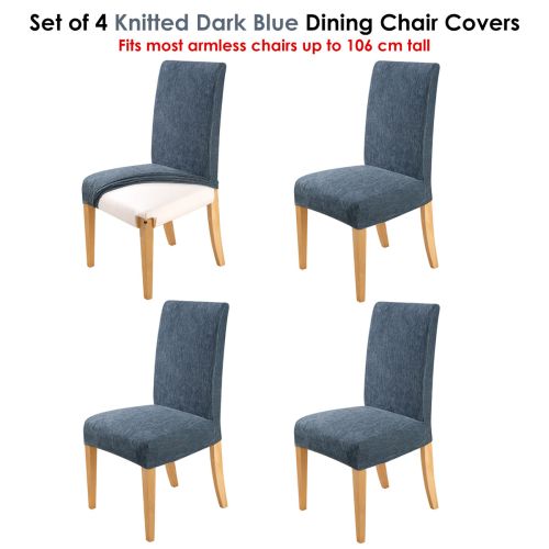 Set of 4 Easy Fit Stretch Dining Chair Covers Knitted Dark Blue by Home Innovations