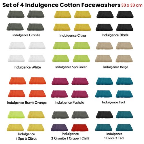 Set of 4 100% Cotton Face Washers Indulgence 33 x 33cm