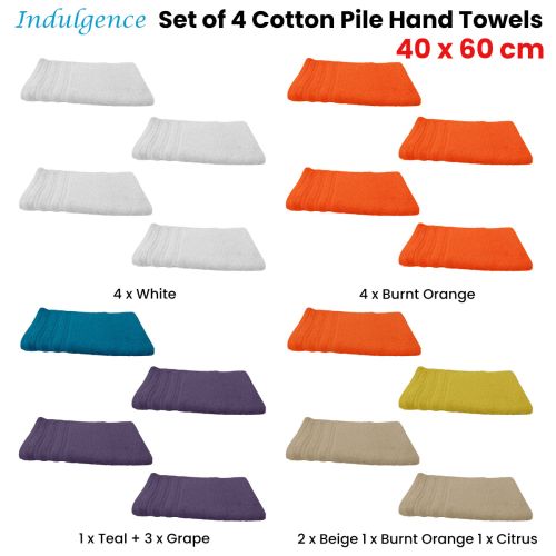 Indulgence Set of 4 Cotton Pile Hand Towels 40 x 60 cm