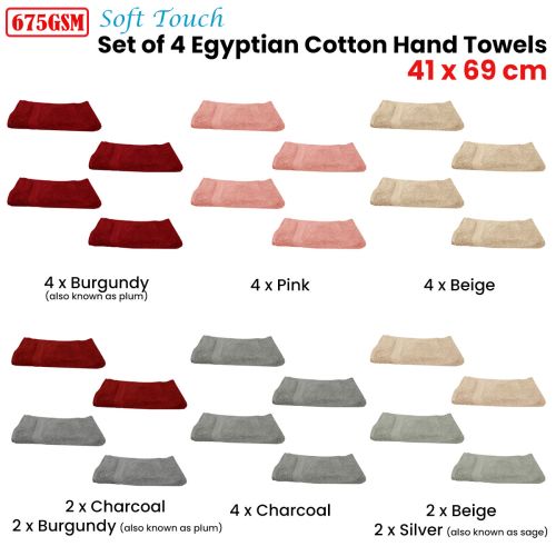 675TC Soft Touch Set of 4 Egyptian Cotton Hand Towels 41 x 69 cm by Renee Taylor