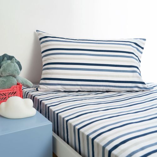 Blue Stripe Polyester Cotton Combo Fitted Sheet Set by Minikins