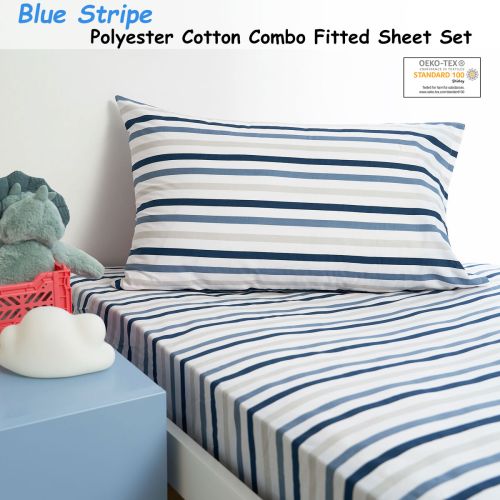 Blue Stripe Polyester Cotton Combo Fitted Sheet Set by Minikins