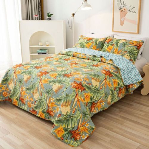 100% Cotton Lightly Quilted Coverlet Set Birds of Paradise Queen