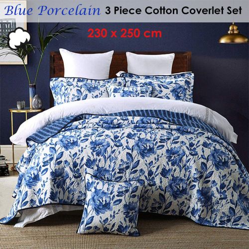 100% Cotton Lightly Quilted Coverlet Set Blue Porcelain Queen