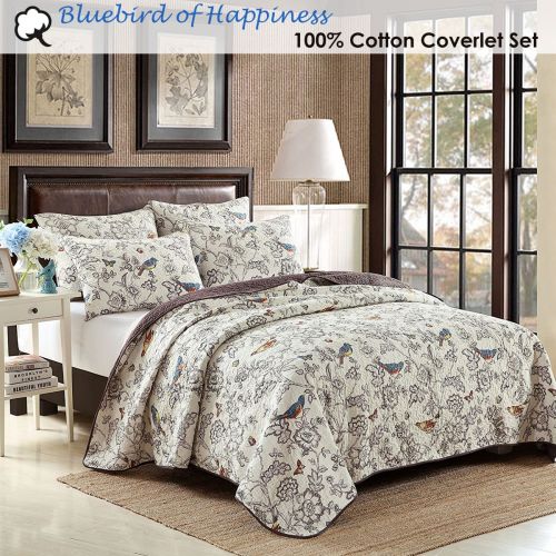 100% Cotton Lightly Quilted Coverlet Set Bluebird of Happiness Cream Queen