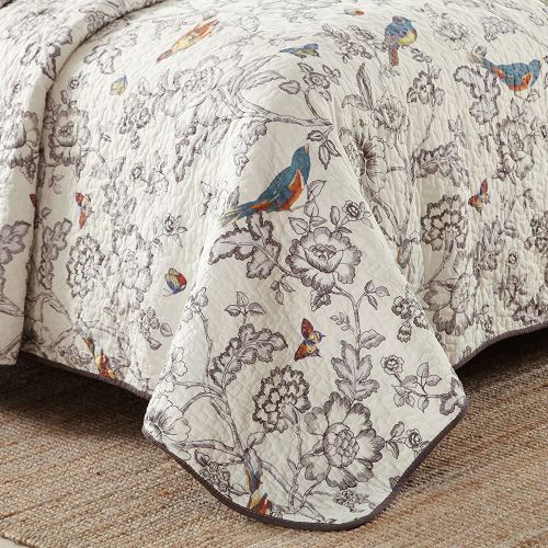100% Cotton Lightly Quilted Coverlet Set Bluebird of Happiness Cream Queen