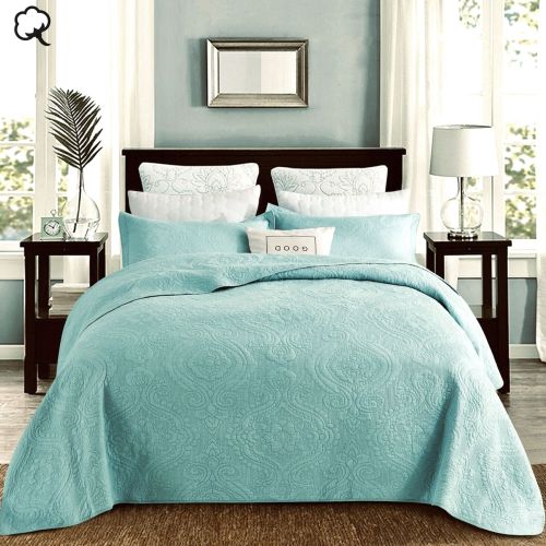 100% Cotton Lightly Quilted Coverlet Set Damask Turquoise Queen
