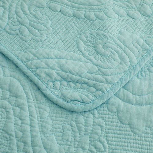 100% Cotton Lightly Quilted Coverlet Set Damask Turquoise Queen