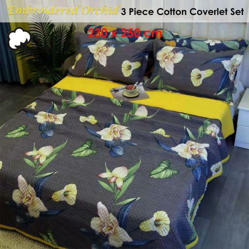 100% Cotton Lightly Quilted Coverlet Set Embroidered Orchid Queen