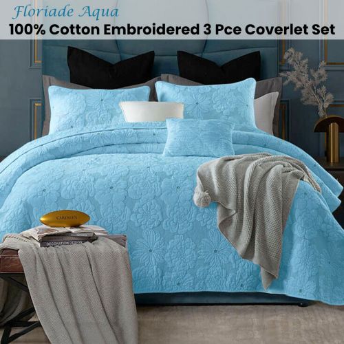 100% Cotton Lightly Quilted Coverlet Set Floriade Aqua