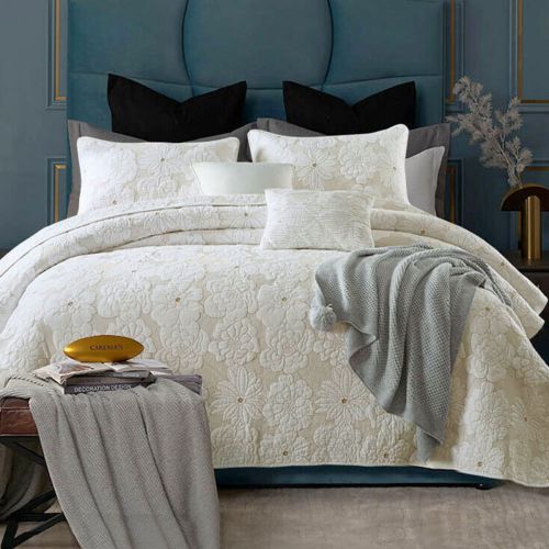 100% Cotton Lightly Quilted Coverlet Set Floriade Cream