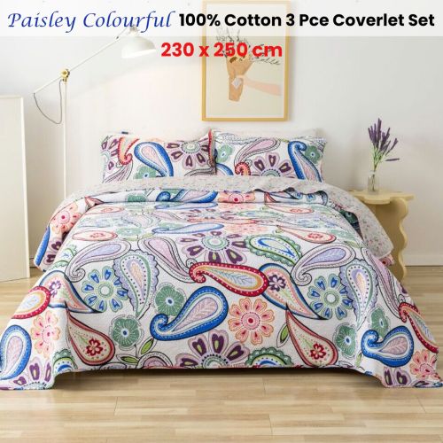 100% Cotton Lightly Quilted Coverlet Set Paisley Colourful Queen