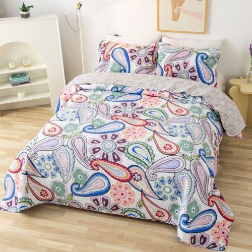 100% Cotton Lightly Quilted Coverlet Set Paisley Colourful Queen