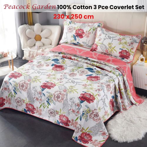 100% Cotton Lightly Quilted Coverlet Set Peacock Garden Pink Queen