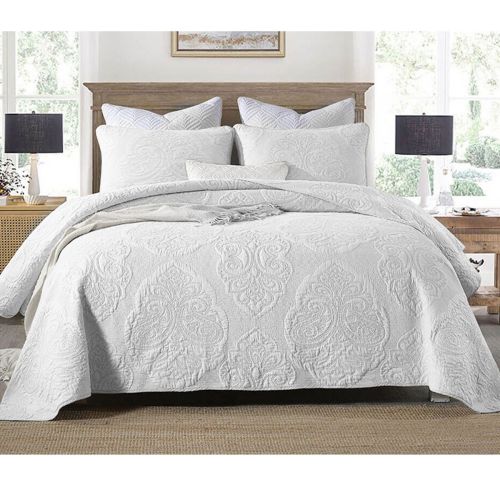 100% Cotton Lightly Quilted Coverlet Set Royale White