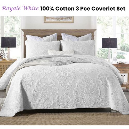 100% Cotton Lightly Quilted Coverlet Set Royale White