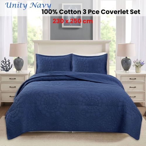 100% Cotton Lightly Quilted Coverlet Set Unity Navy Queen