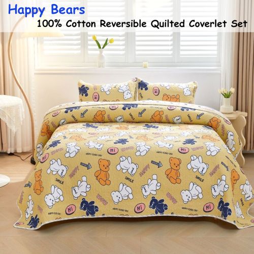Happy Bears 100% Cotton Lightly Quilted Reversible Coverlet Set Single
