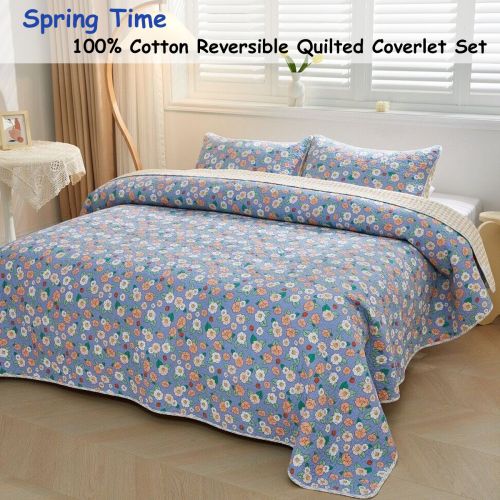 Spring Time 100% Cotton Lightly Quilted Reversible Coverlet Set