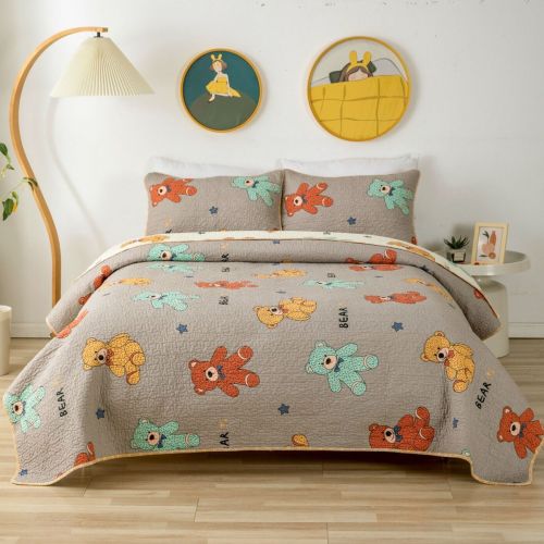 Teddy Bears 100 Cotton Lightly Quilted Reversible Coverlet Set Single