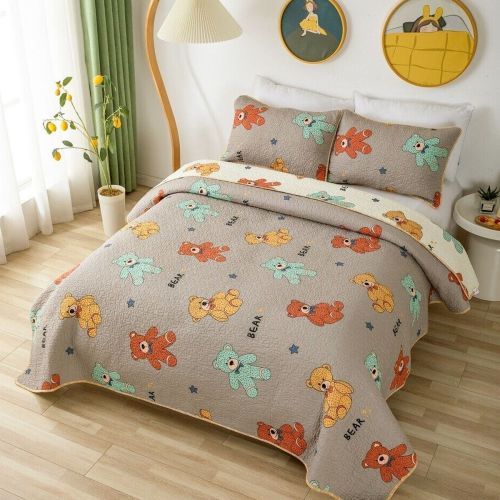 Teddy Bears 100% Cotton Lightly Quilted Reversible Coverlet Set Single