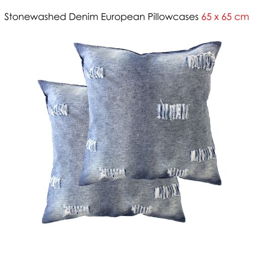 Pair of Stonewashed Denim Ripped Linen Cotton European Pillowcases by Accessorize