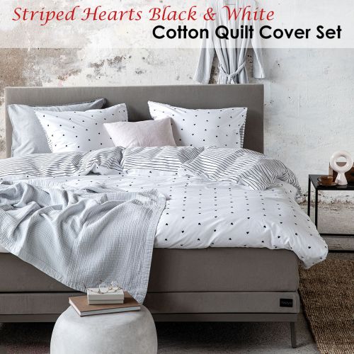 Striped Hearts Black & White Cotton Quilt Cover Set by VTWonen