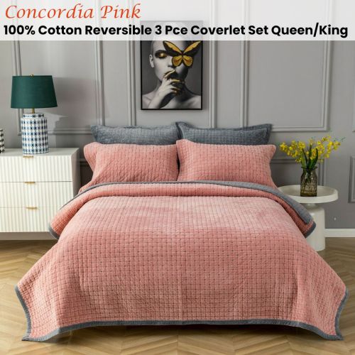 3 Pce 100% Cotton Velvet Reversible Quilted Coverlet Set Concordia Pink Queen/King