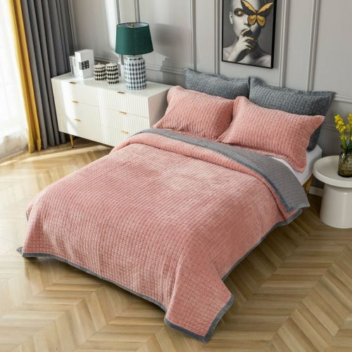 3 Pce 100% Cotton Velvet Reversible Quilted Coverlet Set Concordia Pink Queen/King