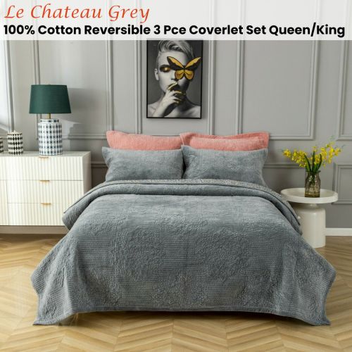 3 Pce 100% Cotton Velvet Reversible Quilted Coverlet Set Le Chateau Grey Queen/King