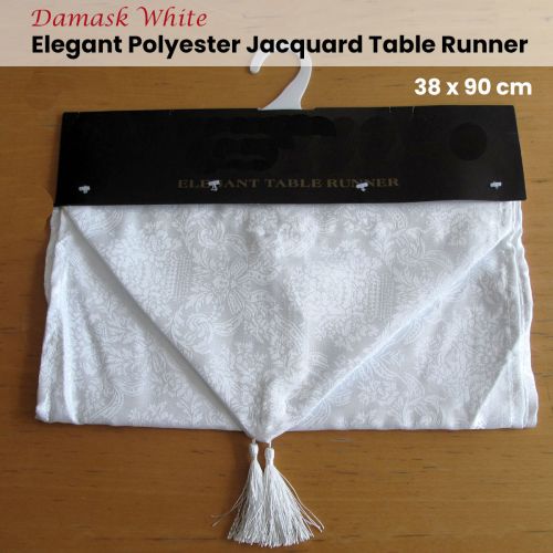 Damask White Elegant Polyester Jacquard Table Runner 38 x 90 cm