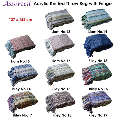 Assorted Acrylic Knitted Throw Rug with Fringe 127 x 152 cm
