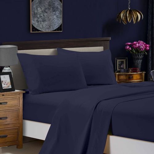 1000TC Ultra Soft Queen Size Bed Midnight Blue Flat & Fitted Sheet Set