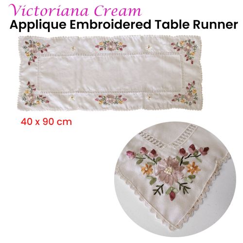 Victoriana Cream Applique Embroidered Table Runner 40 x 90 cm