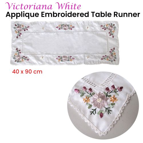 Victoriana White Applique Embroidered Table Runner 40 x 90 cm