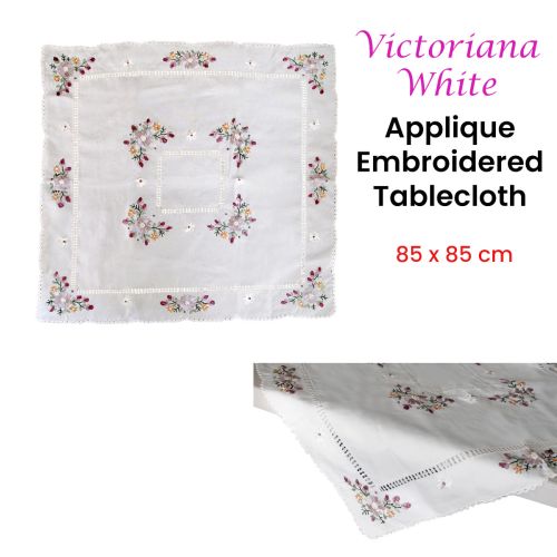 Victoriana White Applique Embroidered Table Topper 85 x 85 cm