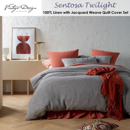 Sentosa 100% Linen with Jacquard Weave Quilt Cover Set Twilight Queen by Vintage Design Homewares