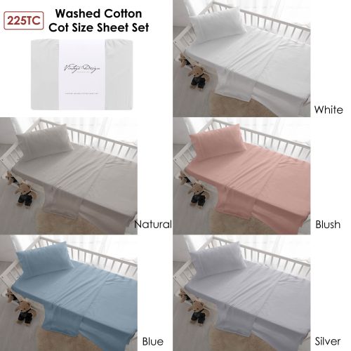 225TC Washed Cotton Sheet Set Nursery Baby Cot Size by Vintage Design Homewares