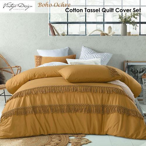 Boho Ochre Cotton Tassel Quilt Cover Set by Vintage Design Homeware