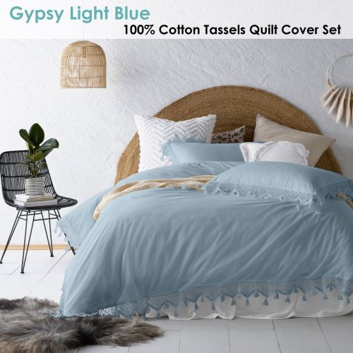 Gypsy Blue 100% Cotton Tassel Quilt Cover Set Queen by Vintage Design Homewares