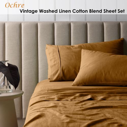 Ochre Vintage Washed Linen Cotton Blend Sheet Set by Vintage Design Homewares