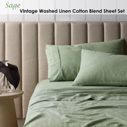 Sage Vintage Washed Linen Cotton Blend Sheet Set by Vintage Design Homewares