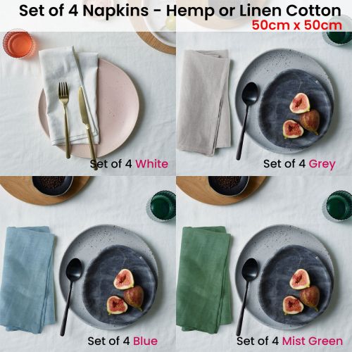 Set of 4 Napkins Hemp or Linen Cotton 50cm x 50cm by Vintage Design Homewares