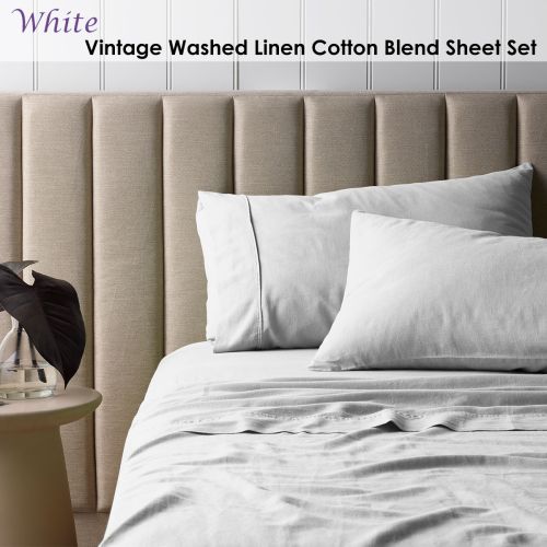 White Vintage Washed Linen Cotton Blend Sheet Set by Vintage Design Homewares