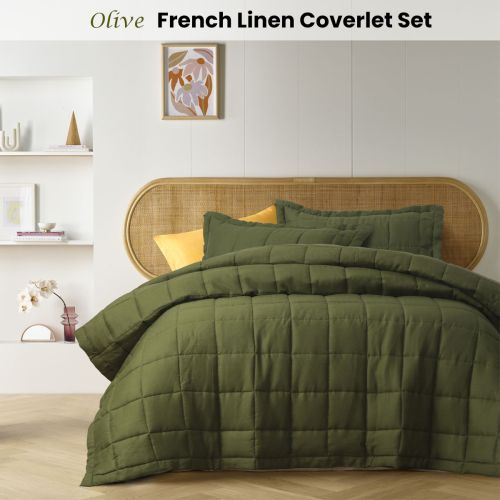 Olive French Linen Coverlet Set by Vintage Design Homewares