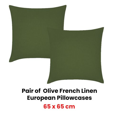 Pair of Olive French Linen European Pillowcases by Vintage Design Homewares